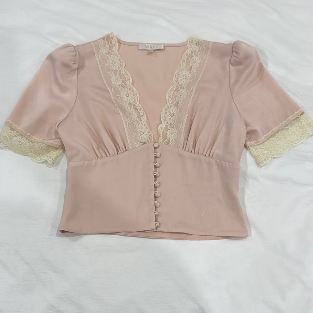 Wayf Pink Embellished Puff Sleeve Blouse